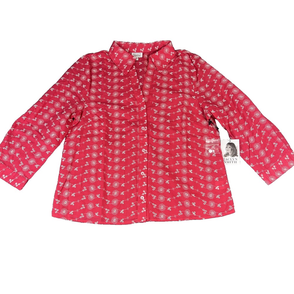 Jaclyn Smith Shirt Womens Medium Red Embroidered Floral Button Up 3/4 Sleeve